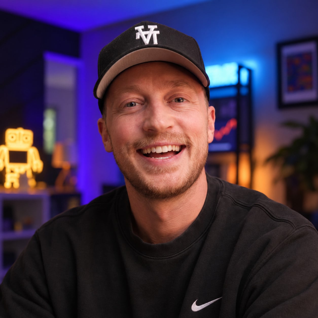 Pat Ryan, smiling, in a black cap and a black sweatshirt in his blue-lit studio, a lit robot sign on the shelf behind him